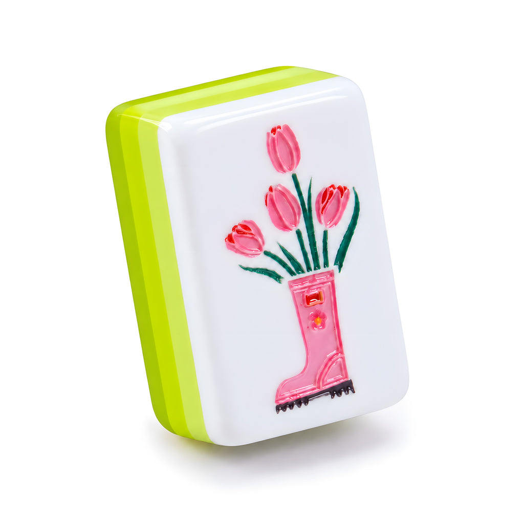 Single Limoncello mahjong tile showing pink tulips in a rain boot and the white, pale lime and lime layered edge
