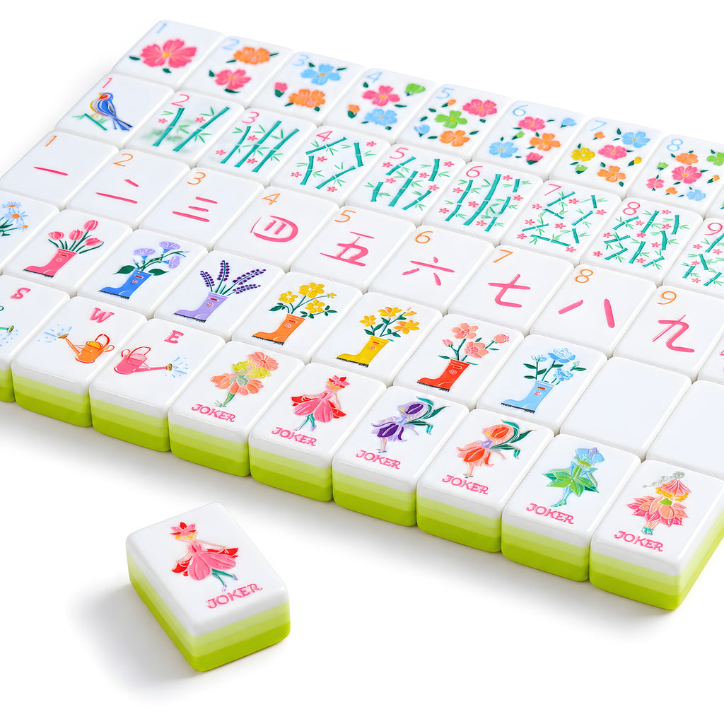 Limoncello mahjong tiles in angled rows with the flower fairy jokers in front