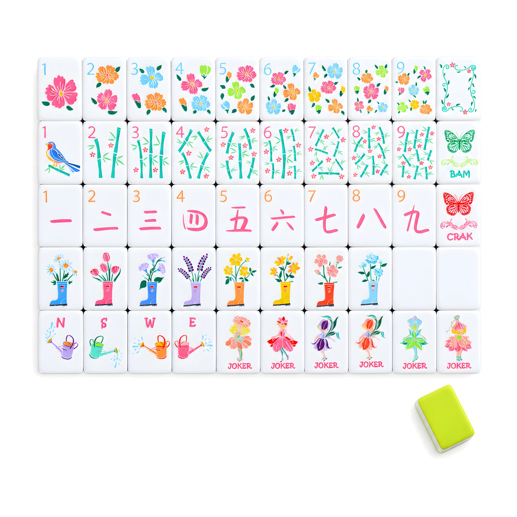 Limoncello American mahjong tiles, one of each tile laid out in a grid with one tile face down showing the lime green back