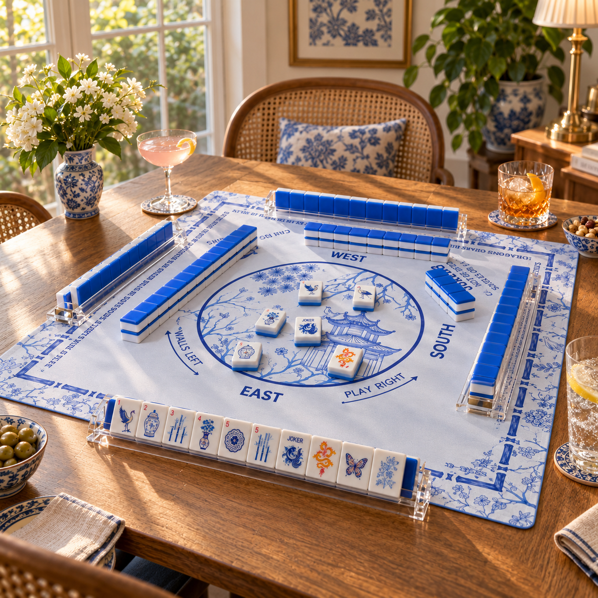 Porcelain American mahjong set on a table