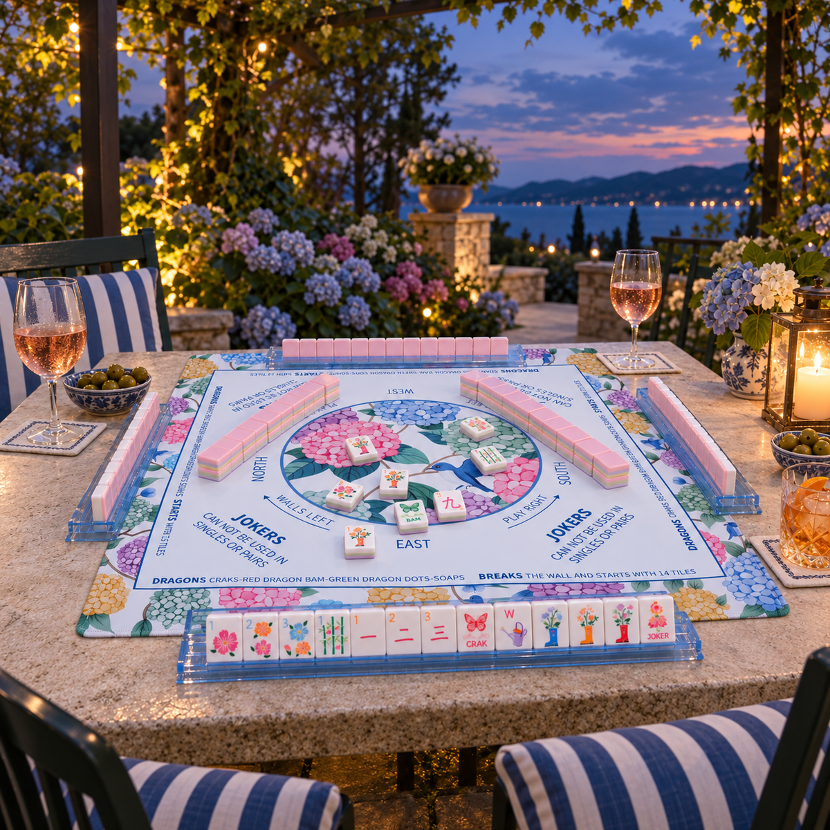 Bloomsbury American mahjong set on a garden terrace at dusk