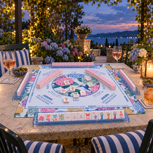 Bloomsbury American mahjong set on a garden terrace at dusk