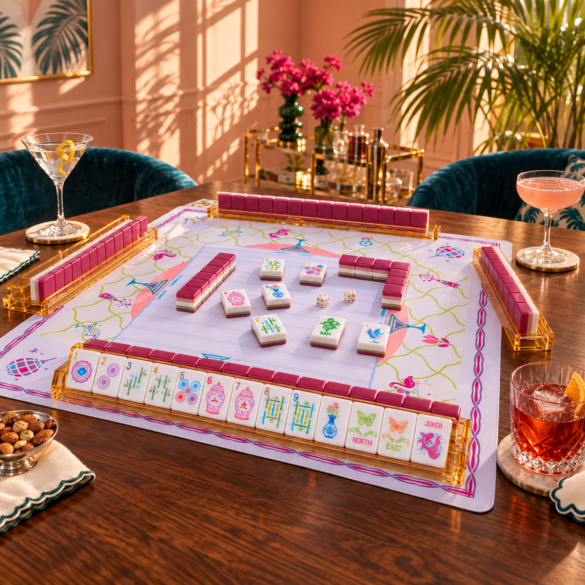 Palm Beach Pink American mahjong set on a table