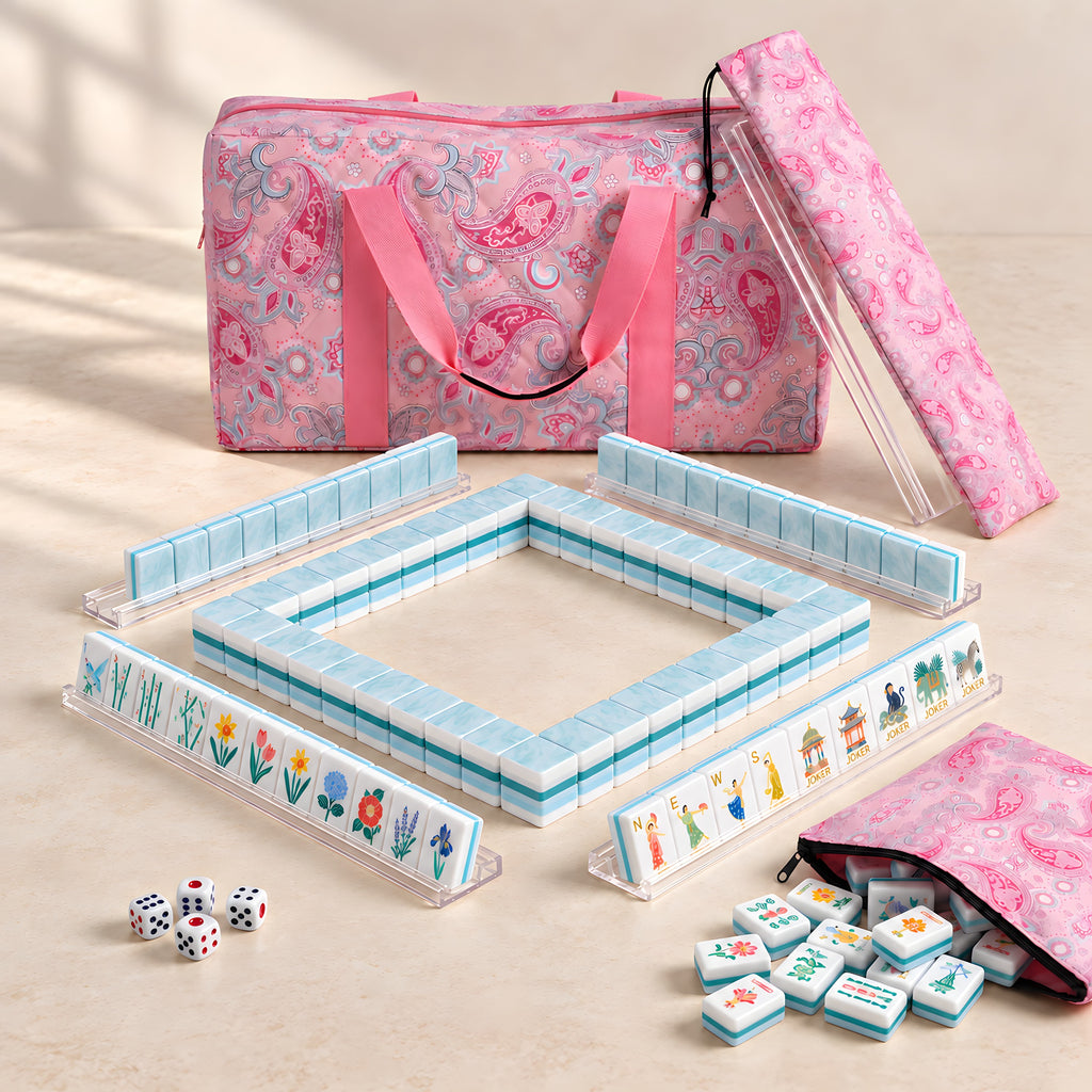 Lotus Pond American mahjong starter kit with aqua tile walls inside four clear racks and a quilted pink paisley carrying set