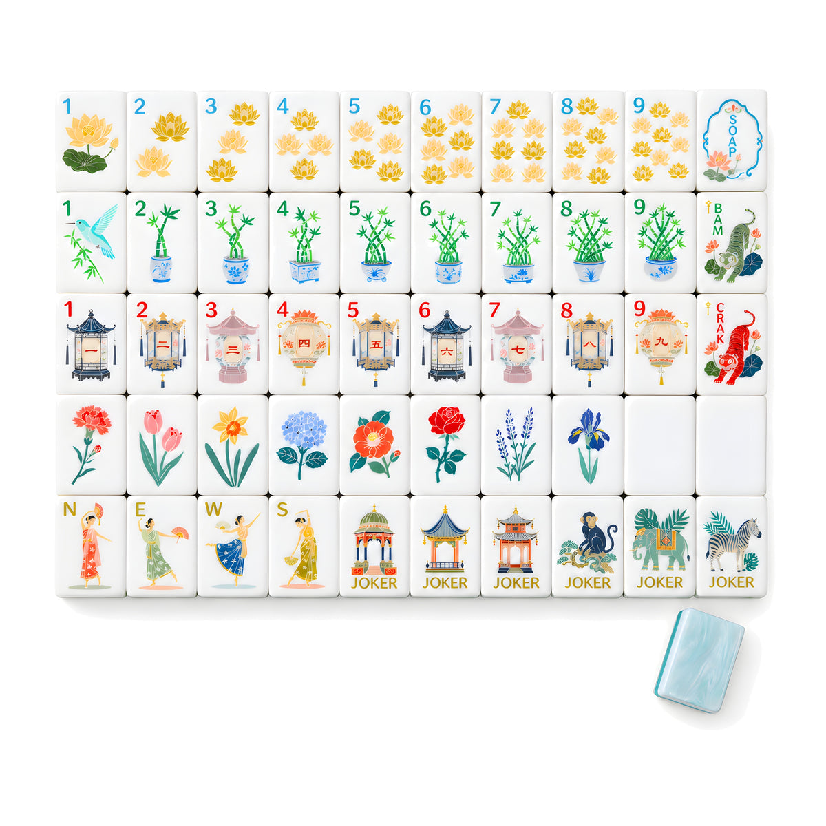 Lotus Pond American mahjong tiles, one of each tile laid out in a grid with one tile face down showing the aqua marble back