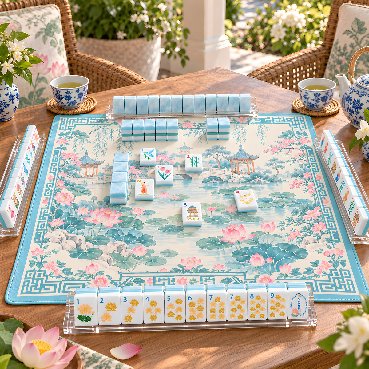Lotus Pond mahjong tiles set up for a game on a lotus pond mat on a garden terrace