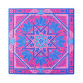 Hot pink mahjong mat with a blue and turquoise lotus medallion, shown flat from above on white
