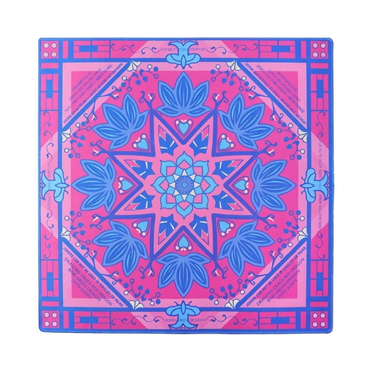 Hot pink mahjong mat with a blue and turquoise lotus medallion, shown flat from above on white