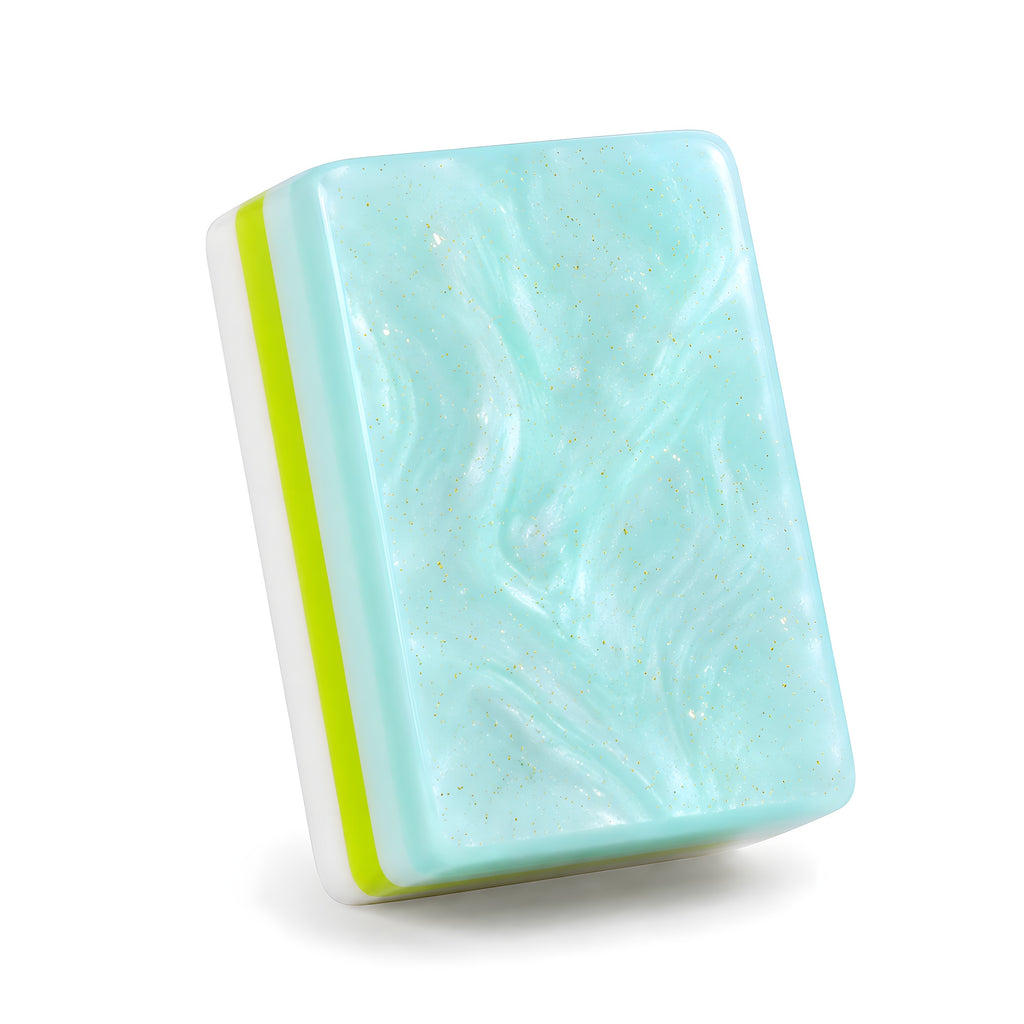 Single Mermaid mahjong tile from the back, showing the pearly aqua marbled back and layered side