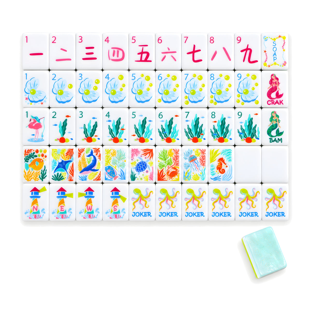 Mermaid American mahjong tiles, one of each tile laid out in a grid with one tile face down showing the pearly aqua back