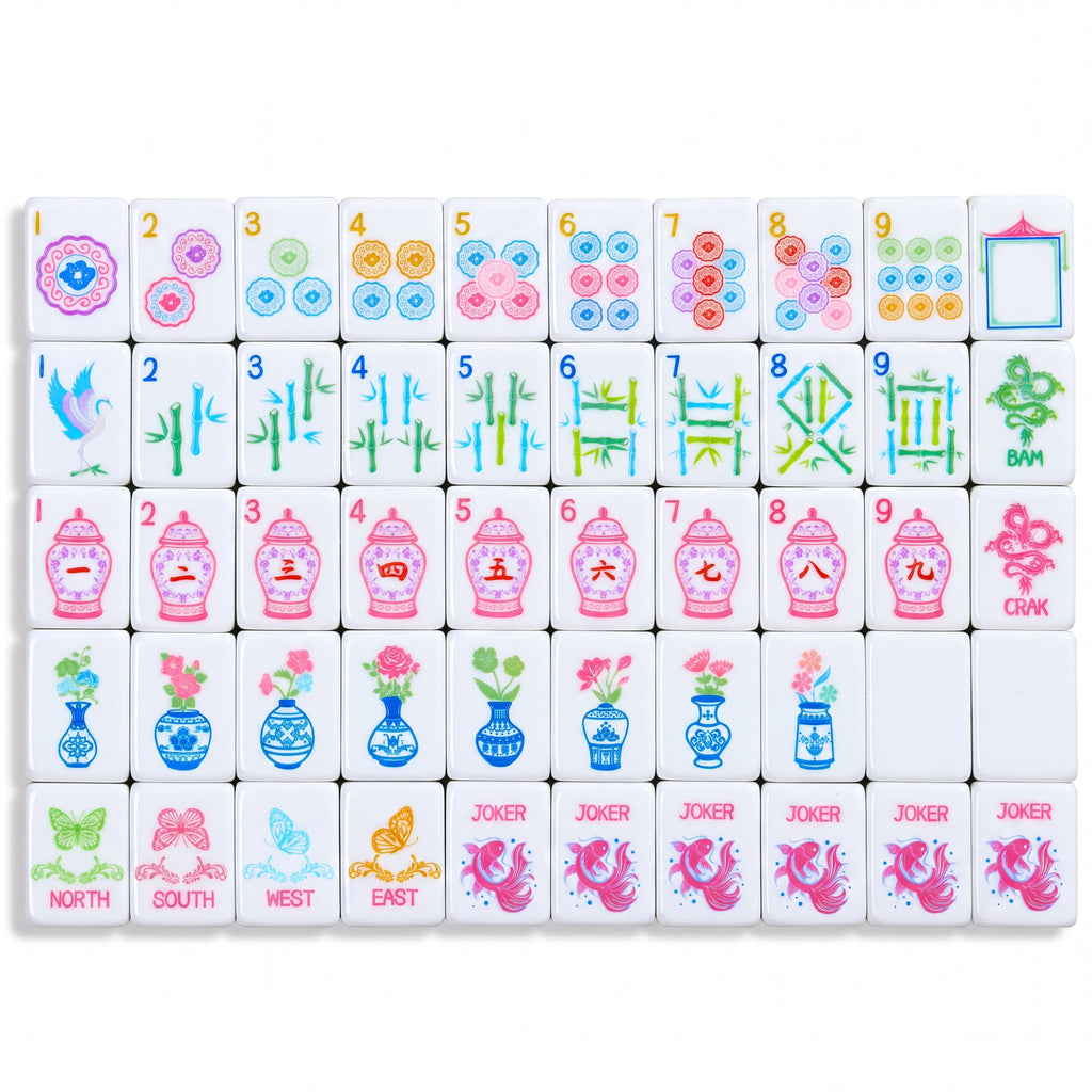 Palm Beach Pink American mahjong tiles laid out in full, with lace doily dots, ginger jar craks and butterfly wind tiles
