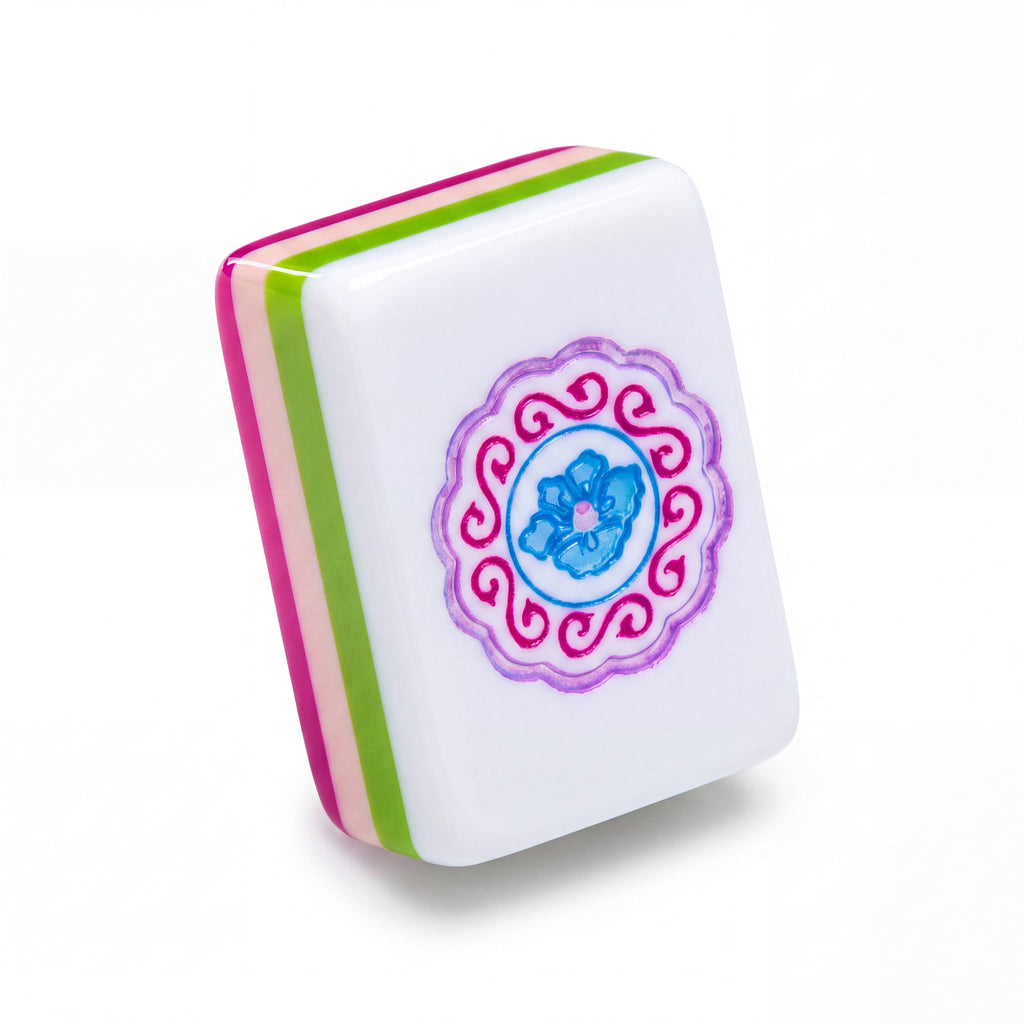 Single Palm Beach Pink mahjong tile showing a lace doily medallion and the green, pink and magenta layered edge
