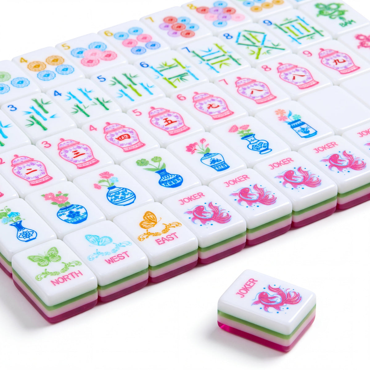 Palm Beach Pink mahjong tiles in angled rows with the koi goldfish jokers in front