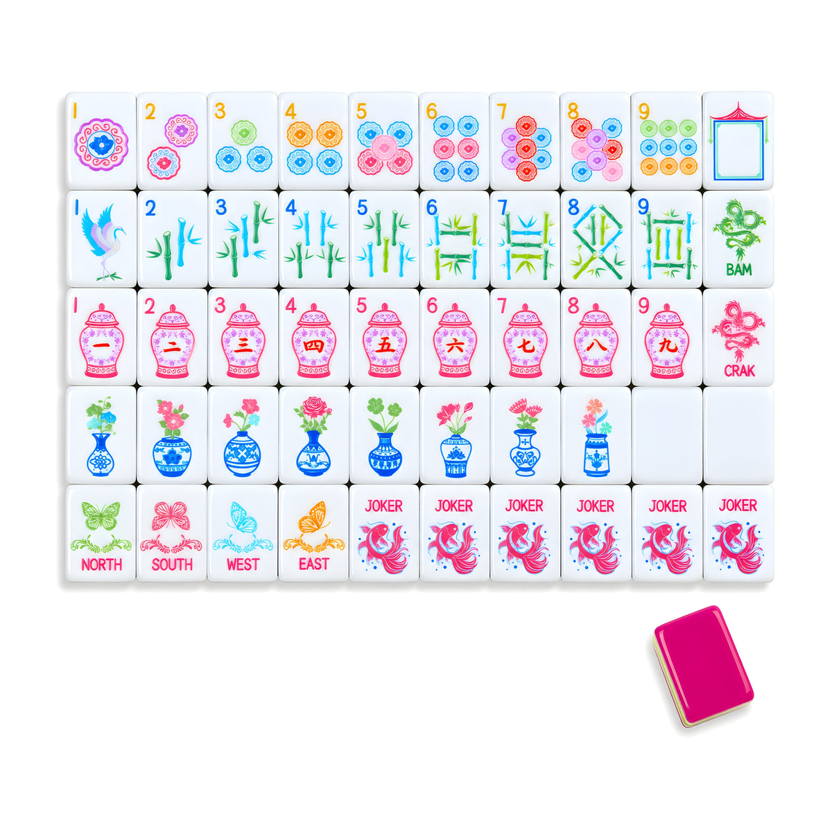 Palm Beach Pink American mahjong tiles, one of each tile laid out in a grid with one tile face down showing the magenta back