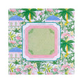 Palm tree and flamingo mahjong mat with pink cabanas, shown flat from above on white