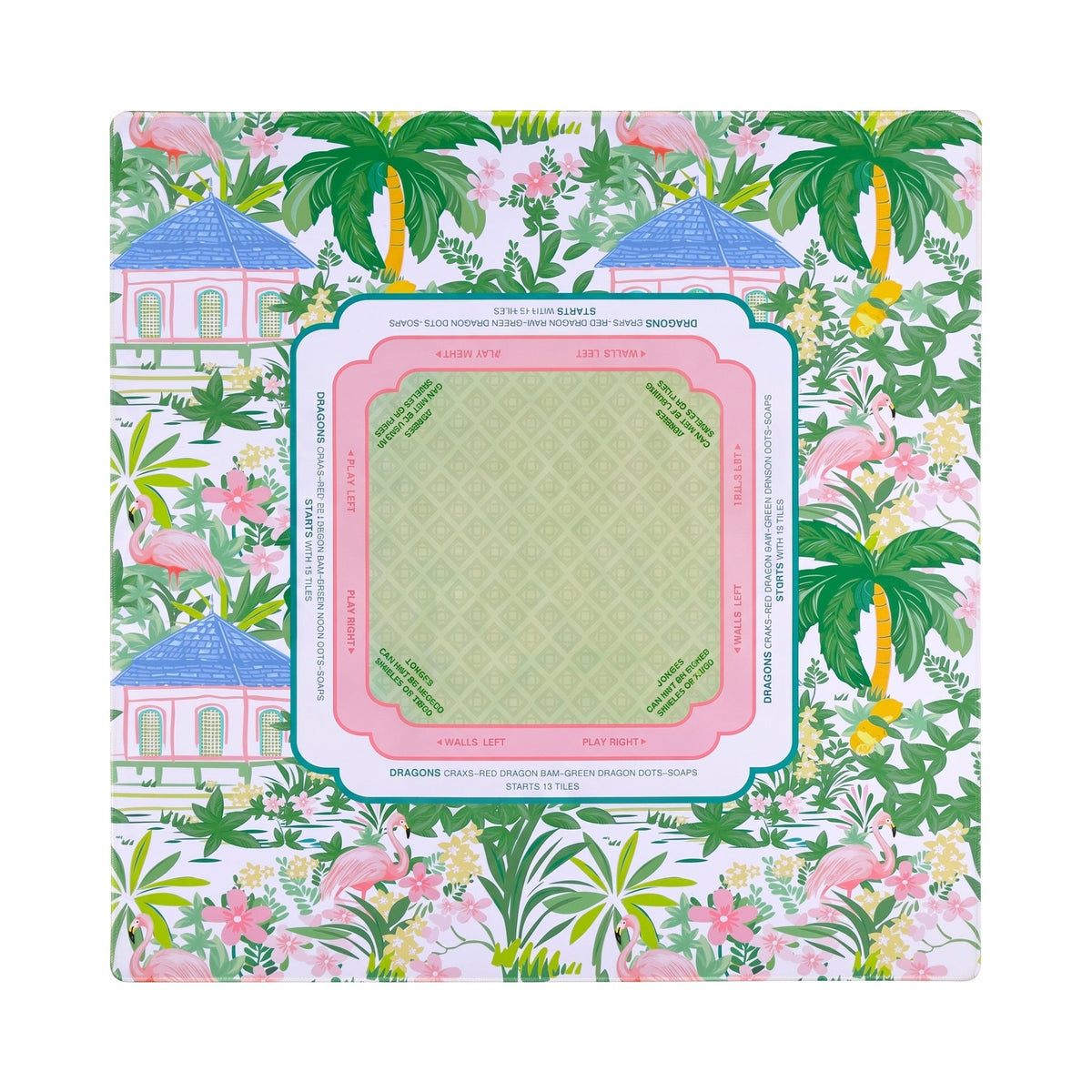 Palm tree and flamingo mahjong mat with pink cabanas, shown flat from above on white
