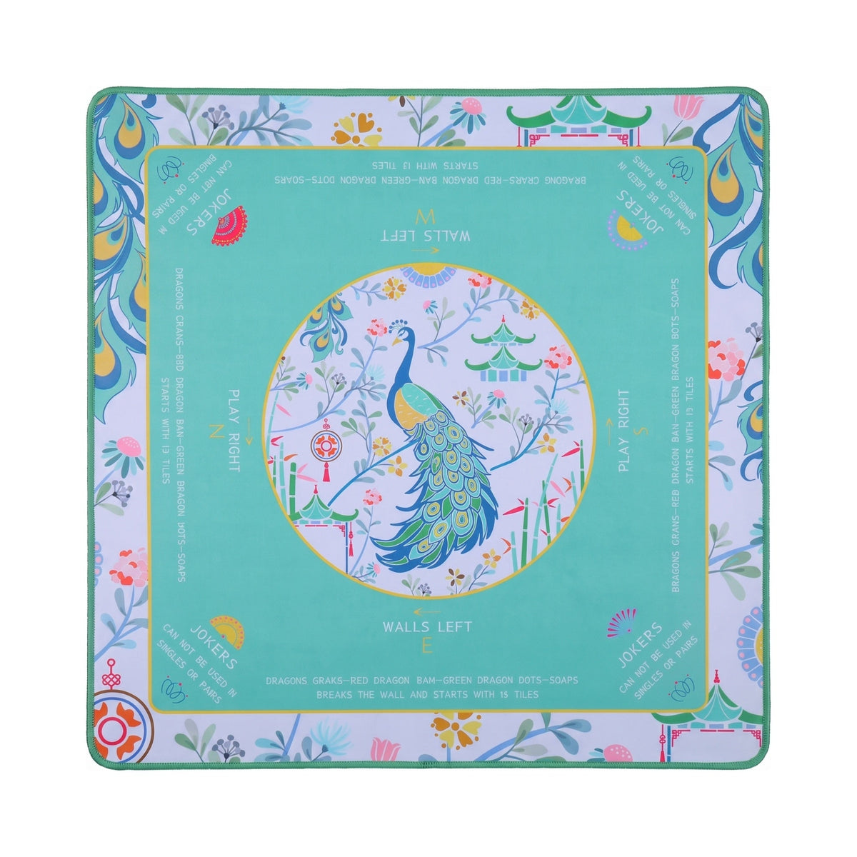 Jade green mahjong mat with a peacock in the center circle and a peacock feather border, shown flat from above on white