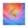 Rainbow gradient mahjong mat with a feathered medallion and coral lotuses in the corners, shown flat from above on white
