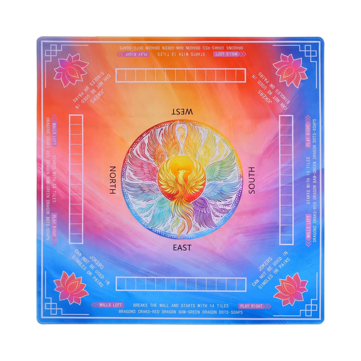 Rainbow gradient mahjong mat with a feathered medallion and coral lotuses in the corners, shown flat from above on white