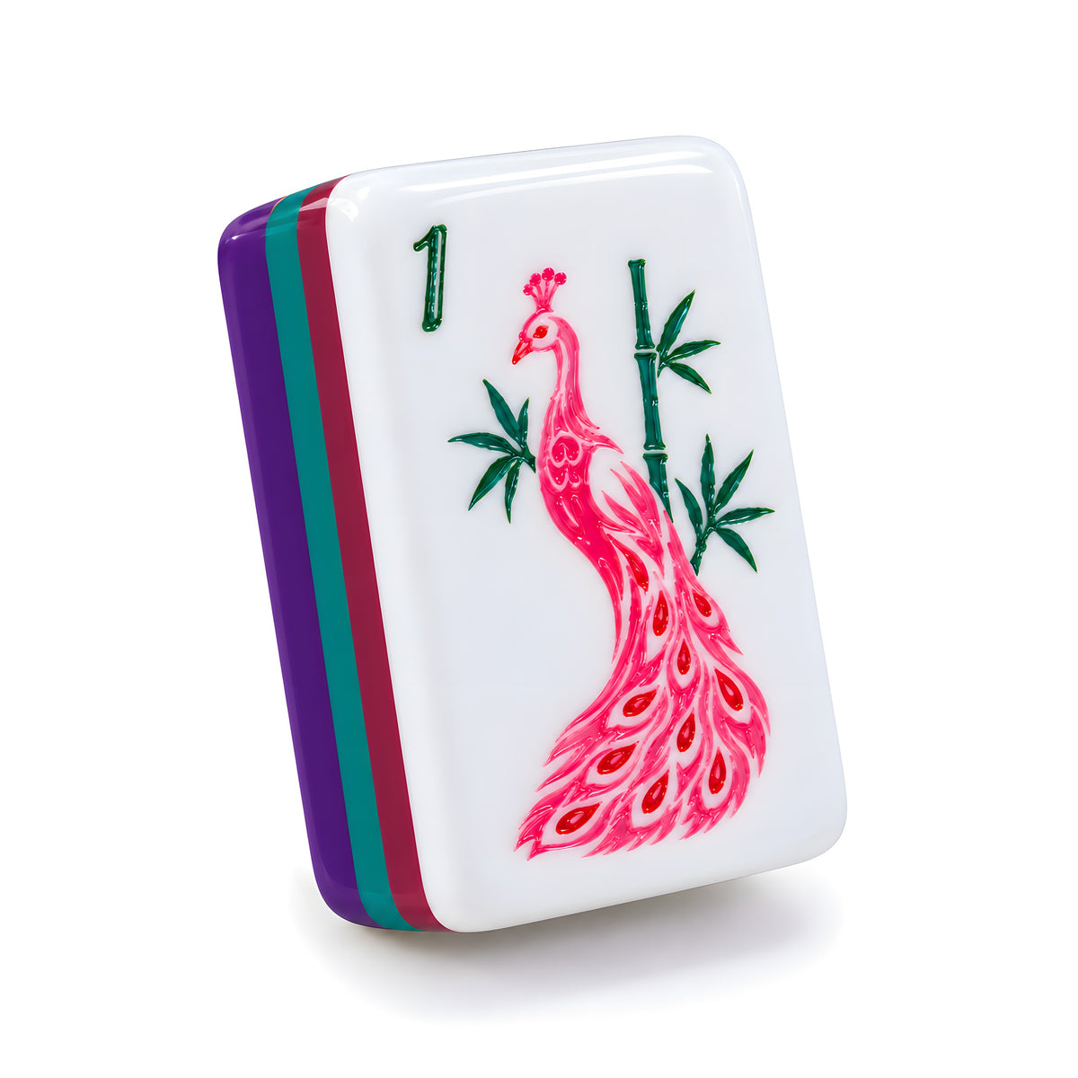 Single Plum Blossom mahjong tile showing the peacock 1 Bam and the white, burgundy, teal and purple layered edge