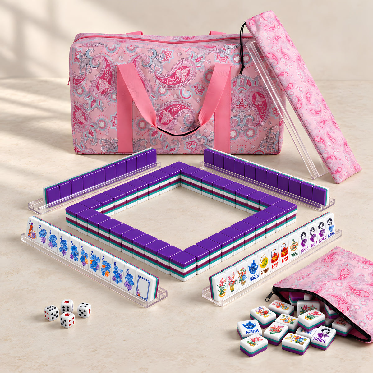 Plum Blossom American mahjong starter kit with purple tile walls inside four clear racks and a quilted pink paisley carrying set