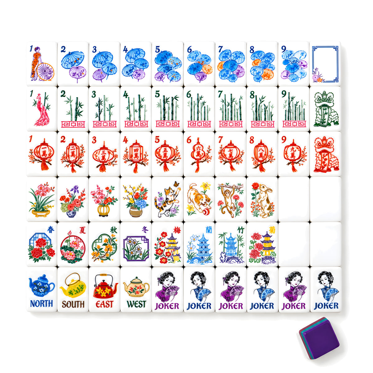 Plum Blossom American mahjong tiles, one of each tile laid out in a grid