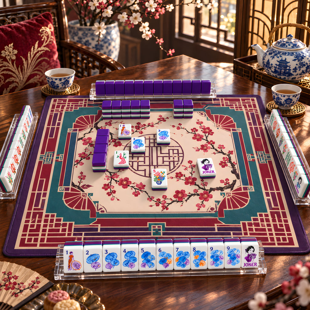 Plum Blossom mahjong tiles set up for a game on a lattice and plum blossom mat at a tea party