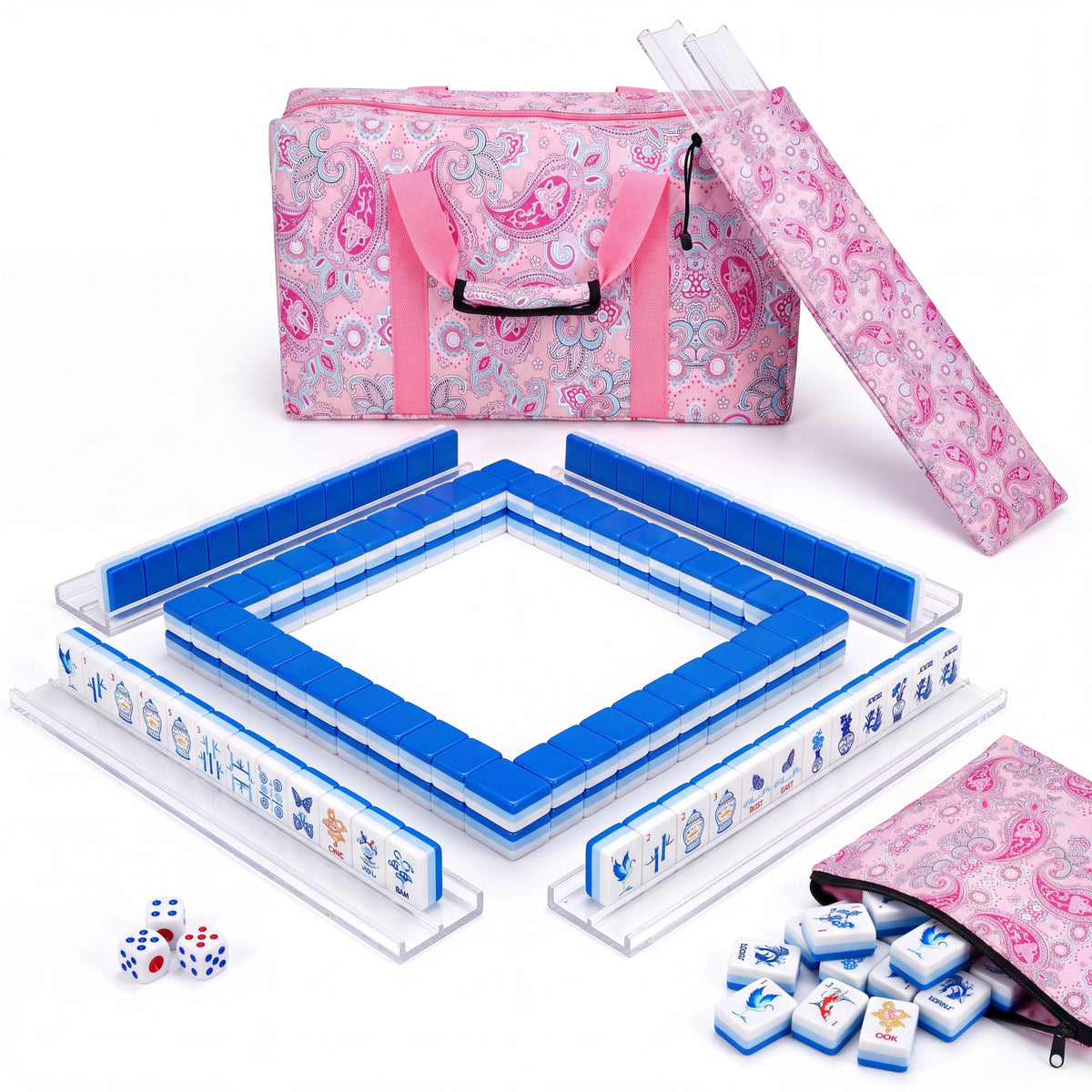 Porcelain American mahjong starter kit with cobalt blue backed tiles walled inside four clear racks, a quilted pink paisley tote, drawstring rack sleeve and zippered tile pouch