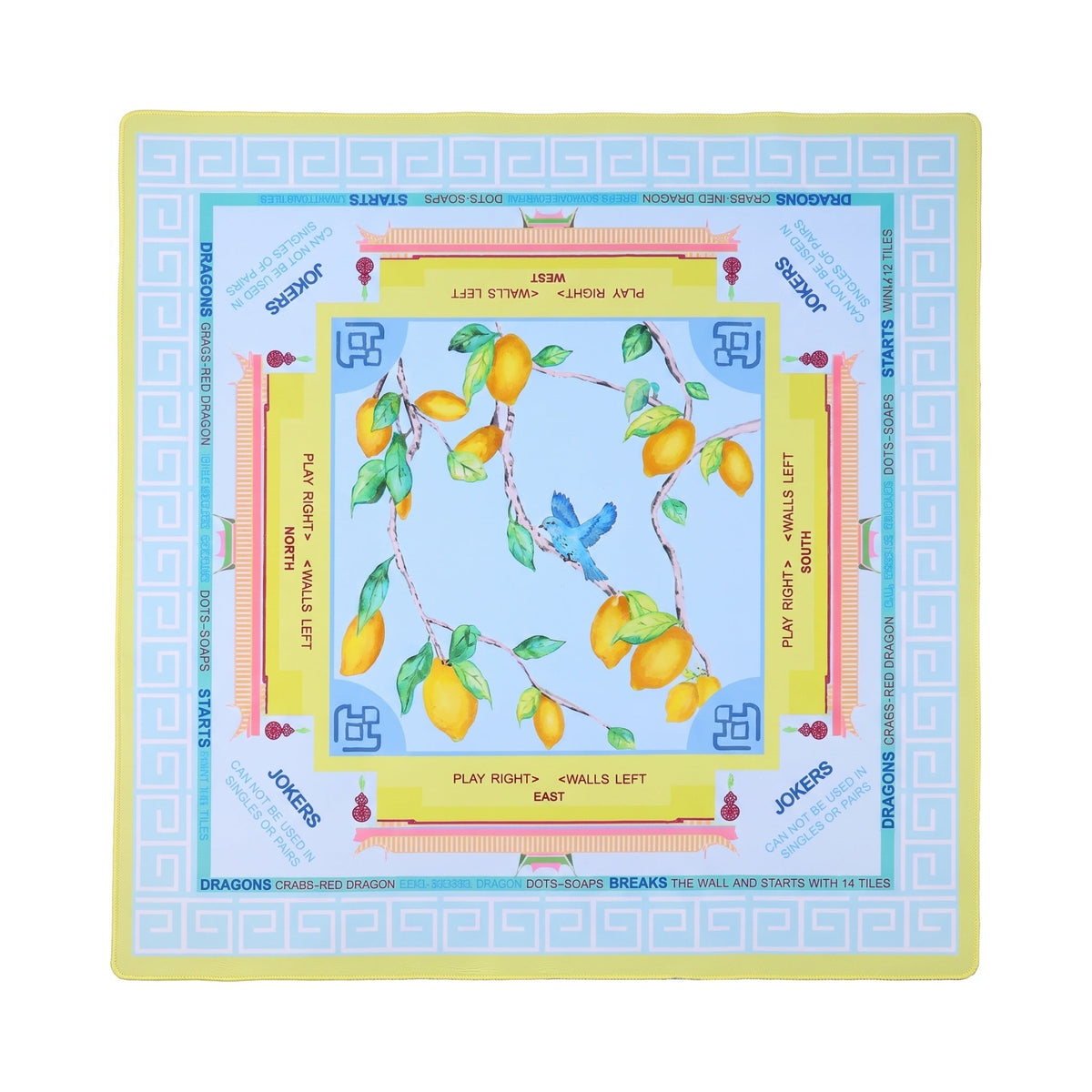 Sky blue lemon branch mahjong mat with a yellow frame and a pale blue Greek key, shown flat from above on white