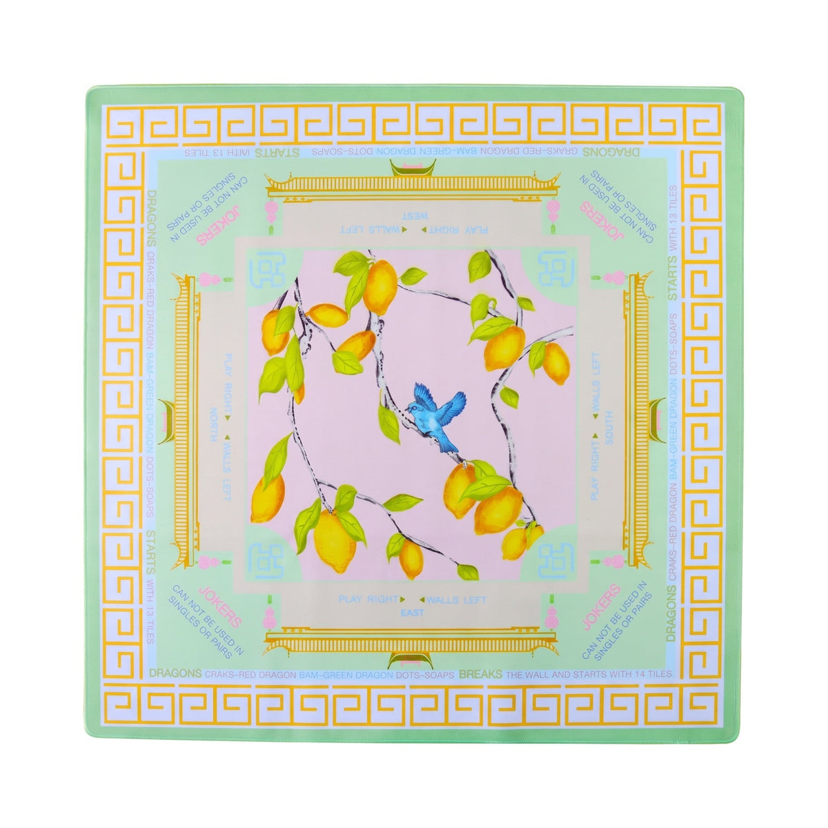 Lilac and mint lemon branch mahjong mat with a gold Greek key border, shown flat from above on white