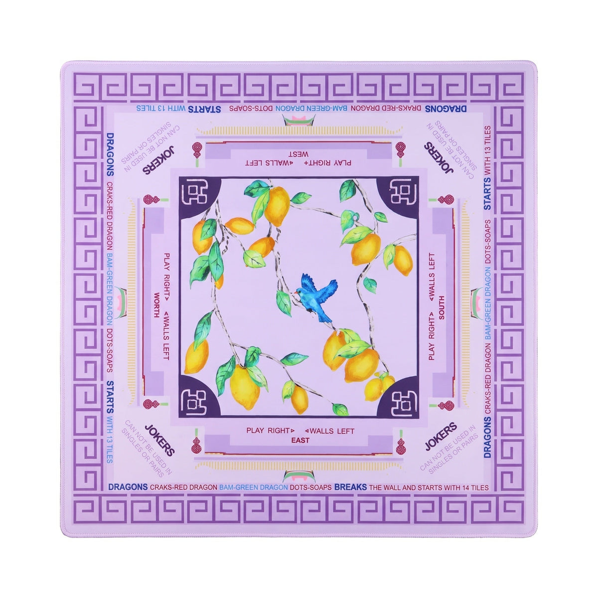 Lavender lemon branch mahjong mat with a purple Greek key border, shown flat from above on white