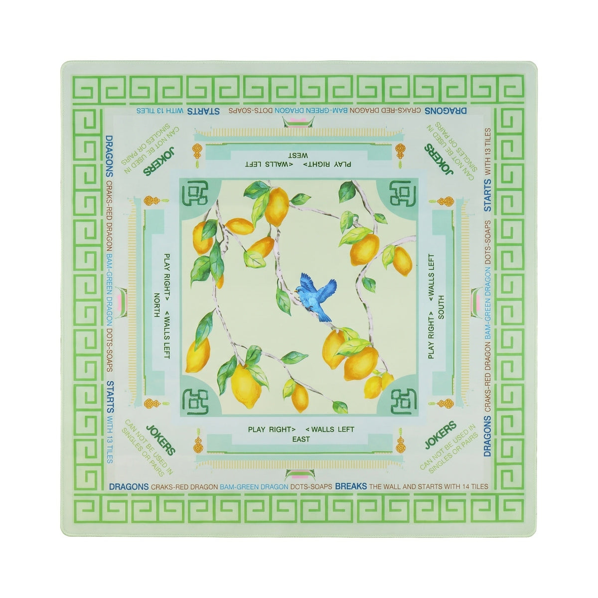 Cream lemon branch mahjong mat with a grass green Greek key border, shown flat from above on white