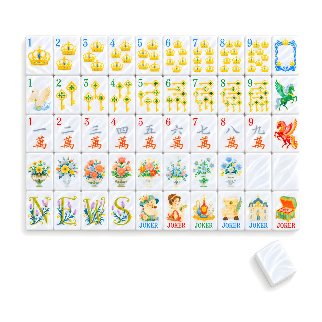 Princess Pearl American mahjong tiles, one of each tile laid out in a grid with one tile face down showing the pearly white back