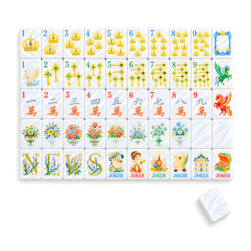 Princess Pearl American mahjong tiles, one of each tile laid out in a grid with one tile face down showing the pearly white back