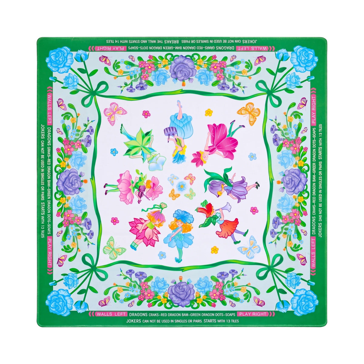 White mahjong mat with green ribbon swags, blue carnations and flower fairies, shown flat from above on white