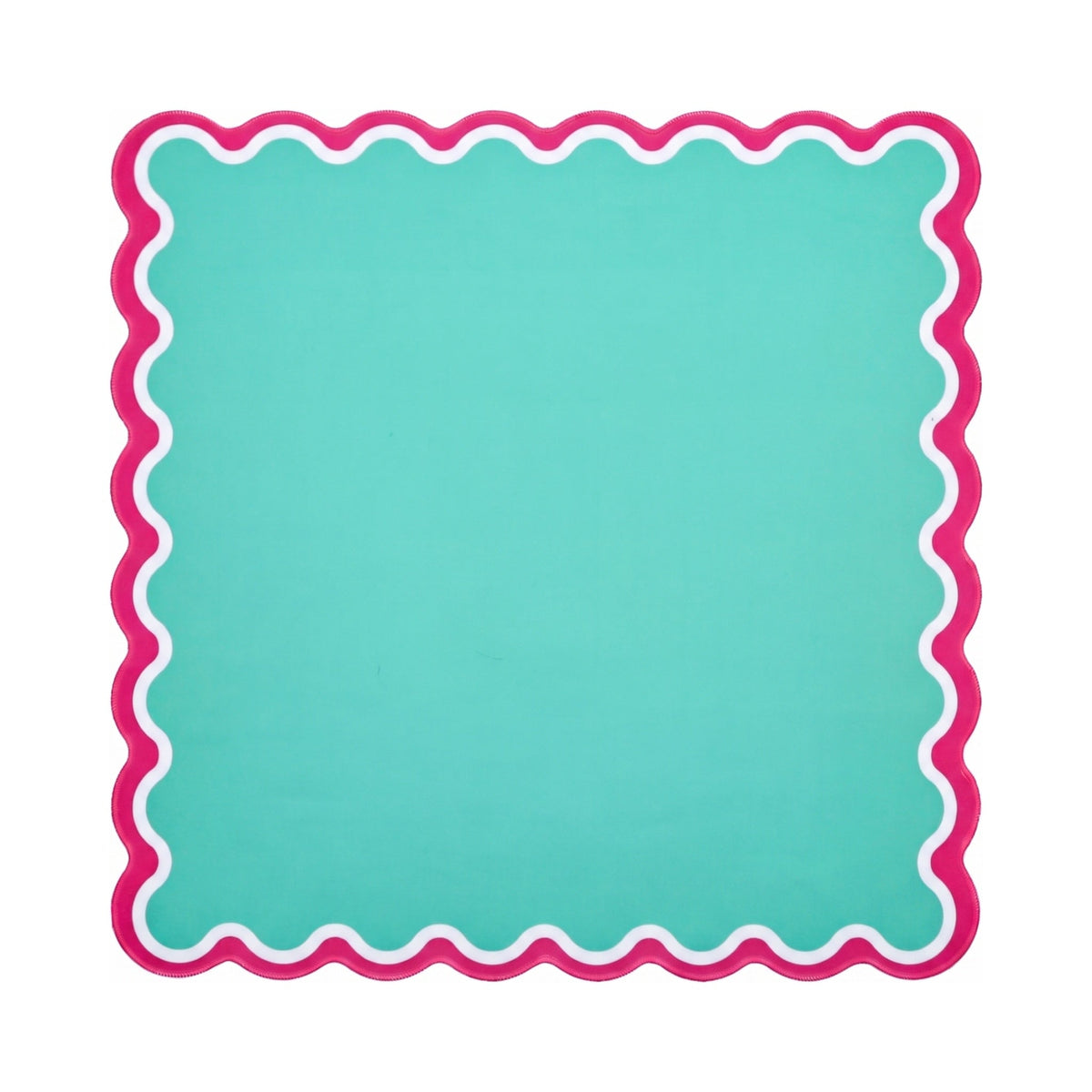 Plain emerald green mahjong mat with a white and hot pink scalloped border, shown flat from above on white