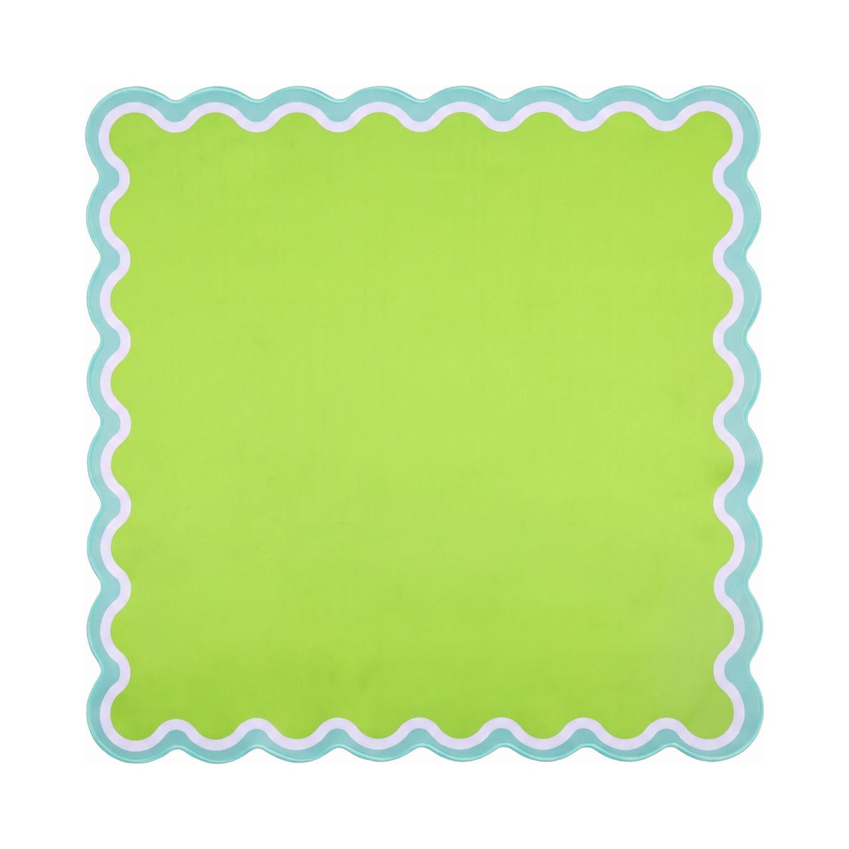 Plain lime green mahjong mat with a white and aqua scalloped border, shown flat from above on white