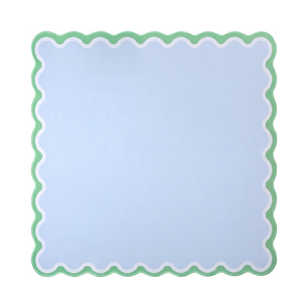 Plain pale blue mahjong mat with a white and spring green scalloped border, shown flat from above on white