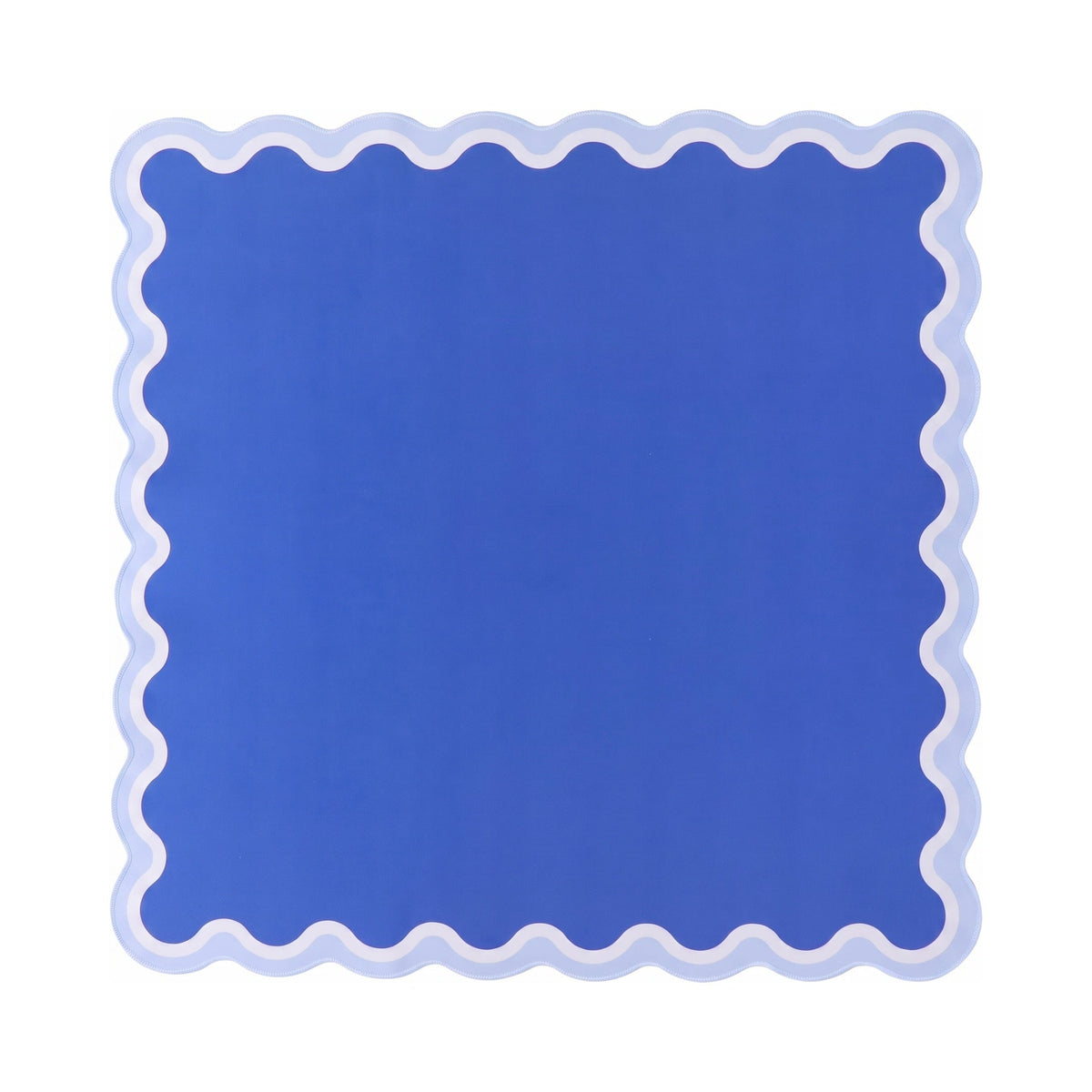 Plain royal blue mahjong mat with a white and pale blue scalloped border, shown flat from above on white