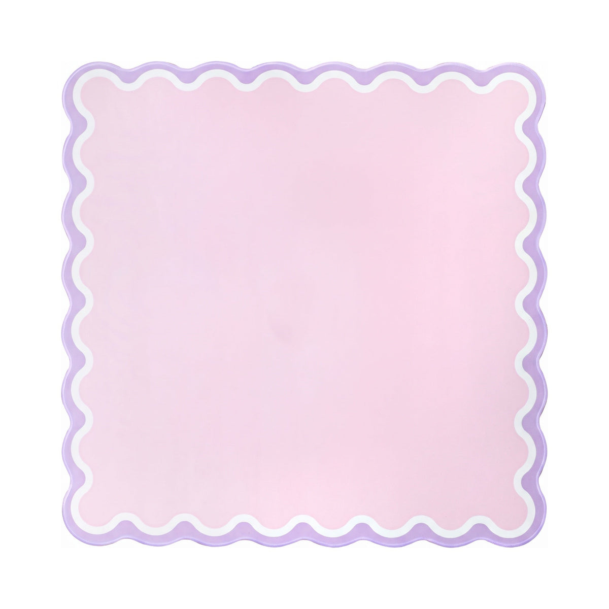 Plain powder pink mahjong mat with a white and lavender scalloped border, shown flat from above on white