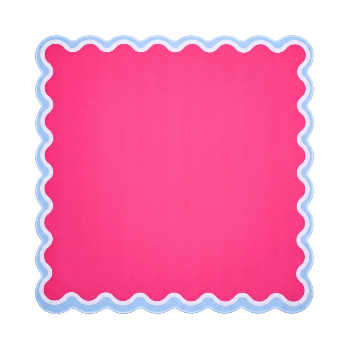 Plain hot pink mahjong mat with a white and cornflower blue scalloped border, shown flat from above on white
