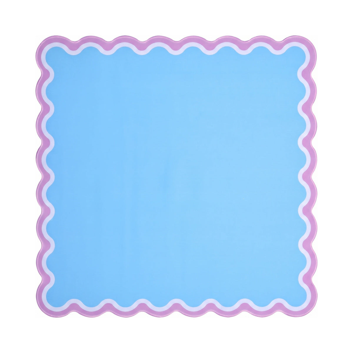 Plain cornflower blue mahjong mat with a white and orchid scalloped border, shown flat from above on white