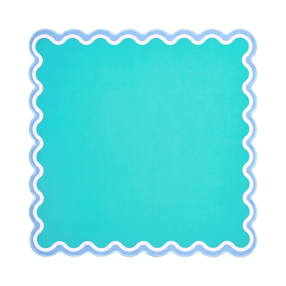 Plain turquoise mahjong mat with a white and periwinkle scalloped border, shown flat from above on white