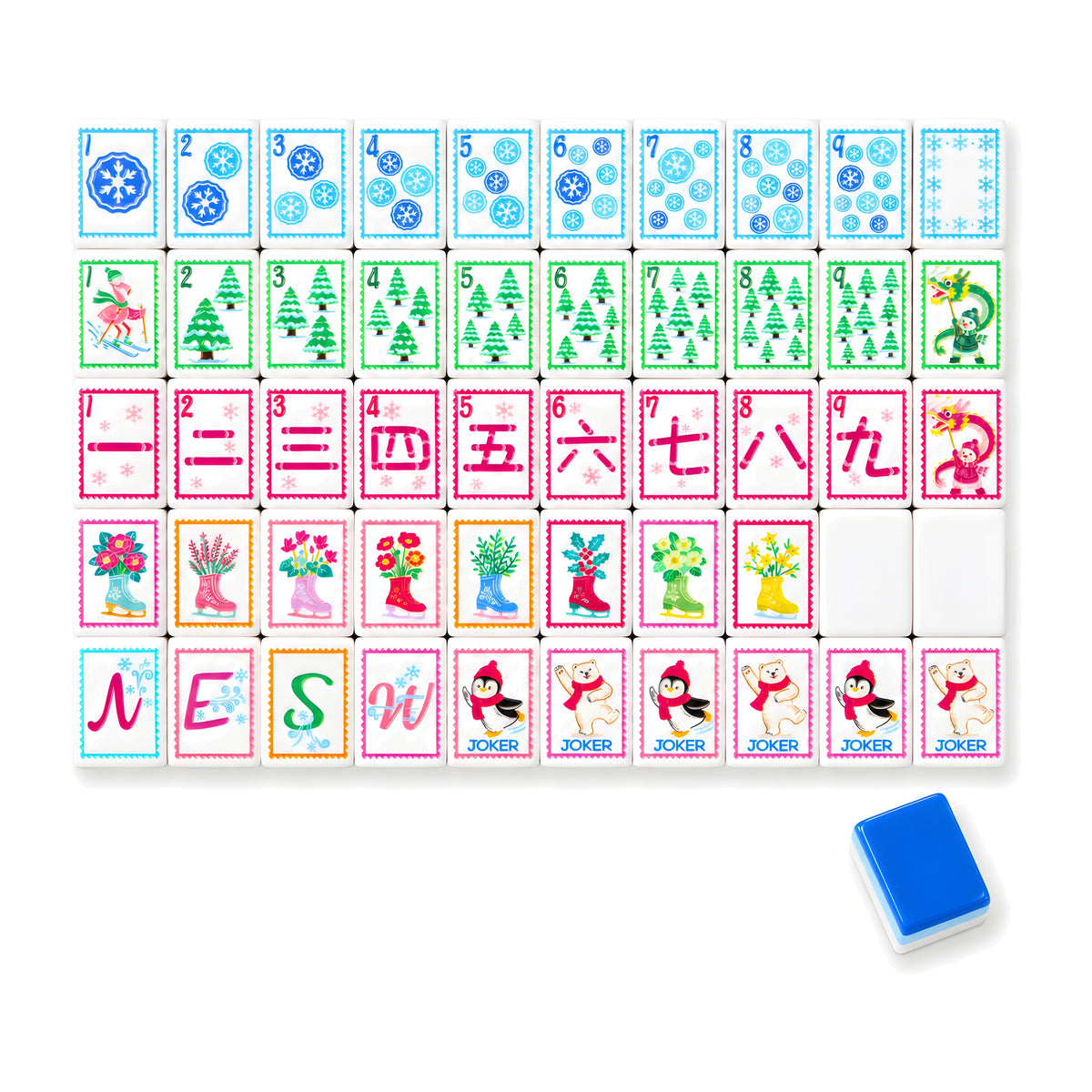 Snow Day American mahjong tiles, one of each tile laid out in a grid