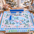 Snow Day mahjong tiles set up for a game on a winter village mat on a snowy porch