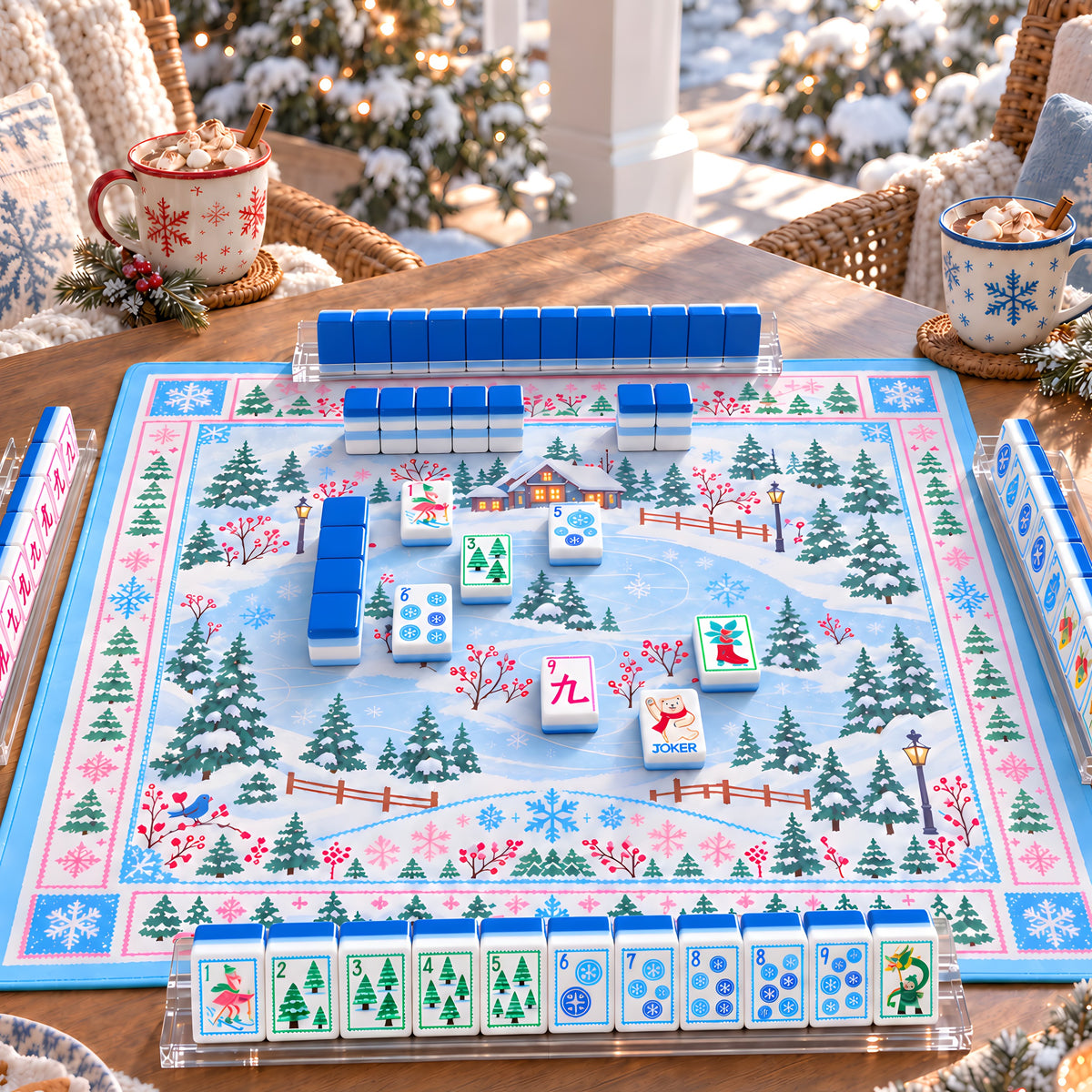 Snow Day mahjong tiles set up for a game on a winter village mat on a snowy porch