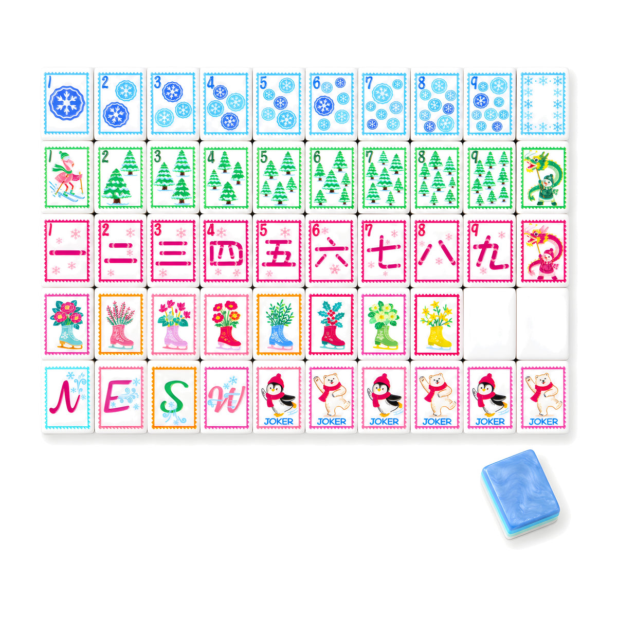 Snowfall American mahjong tiles, one of each tile laid out in a grid with one tile face down showing the periwinkle marble back