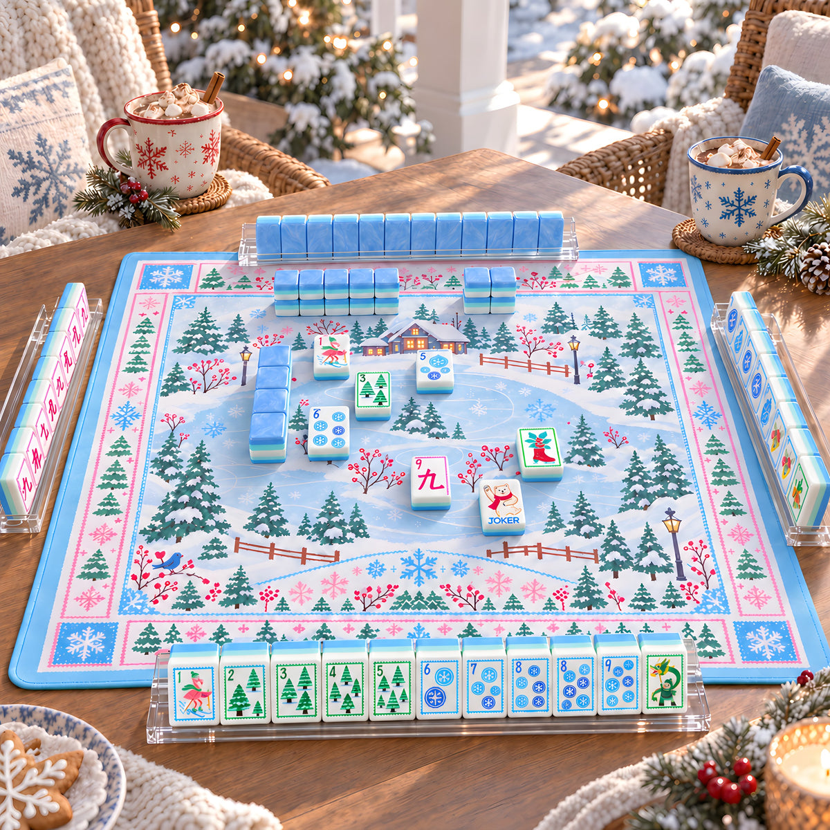 Snowfall mahjong tiles set up for a game on a winter village mat on a snowy porch