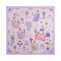 Blush mahjong mat with women at tea, lavender and a strawberry cake inside a lilac border, shown flat from above on white