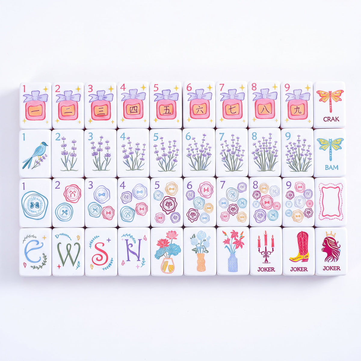 Violette American mahjong tiles laid out in full, with perfume bottle craks, lavender sprig bams and embroidered button dots